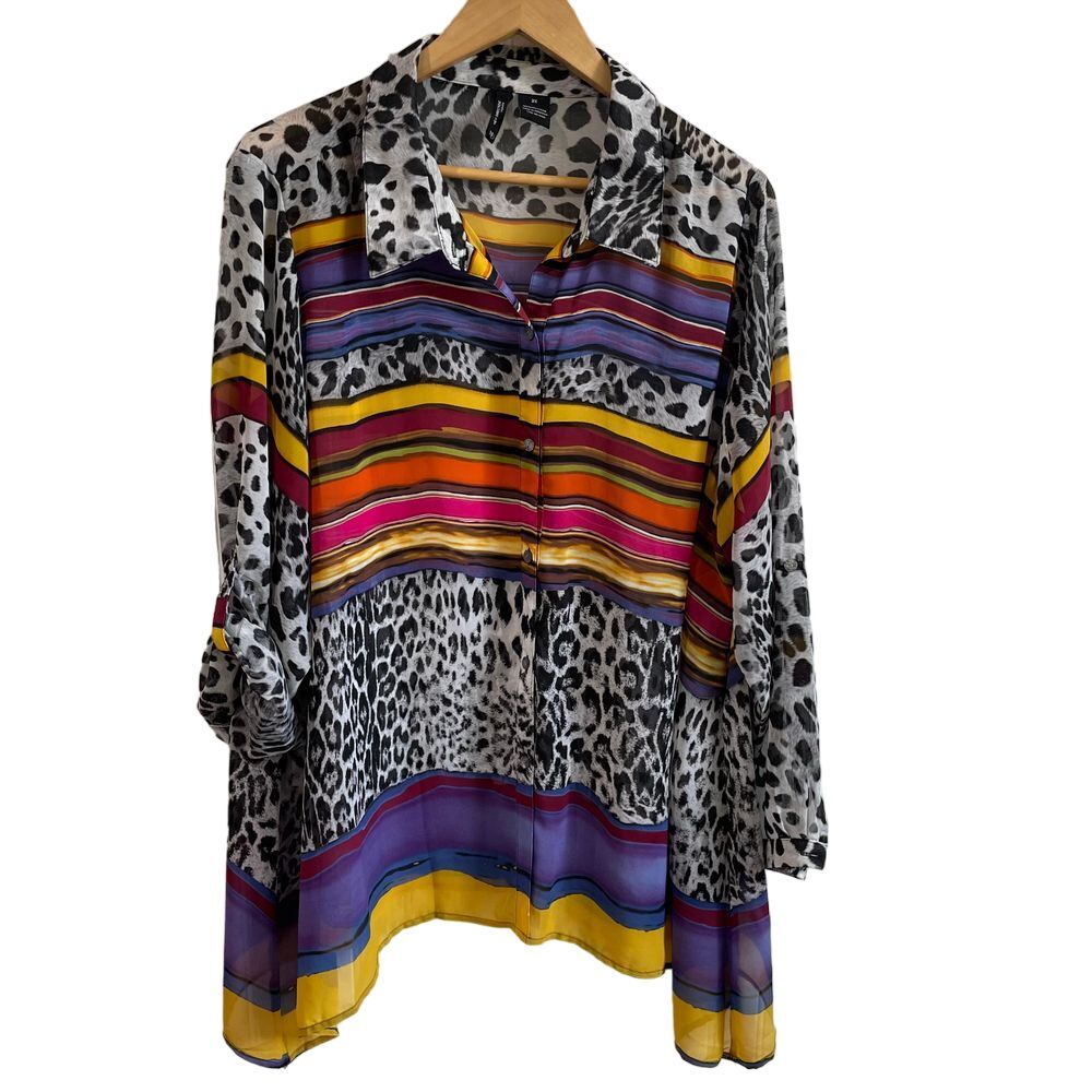 New Direction Shirt Womens 2X Colorful‎ Animal Stripe Semi Sheer Artsy Boho